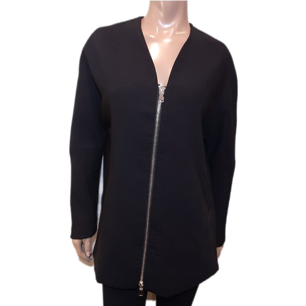 DRESS FORUM Zip Front Jacket Collarless Blazer Style Black Relaxed Size Medium